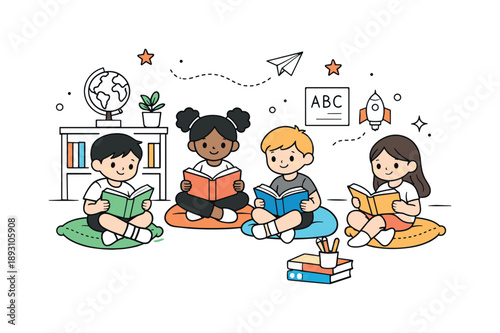 Cozy Classroom Reading. Children reading in classroom corner. Kids gathered on cushions with books, relaxed and attentive. Warm learning environment and gentle