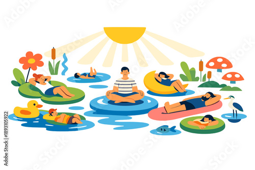 Surreal Spring Retreat. Spring riverside reimagined as a peaceful retreat where floating water shapes, plants, and gentle sunrays