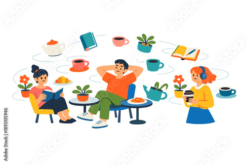 Spring terrace reimagined as a lighthearted everyday scene where floating objects like coffee cups, notebooks,