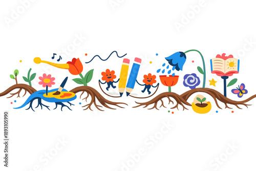 Early April meadow alive with natural motion as roots rise above ground to sketch creative paths, flowers