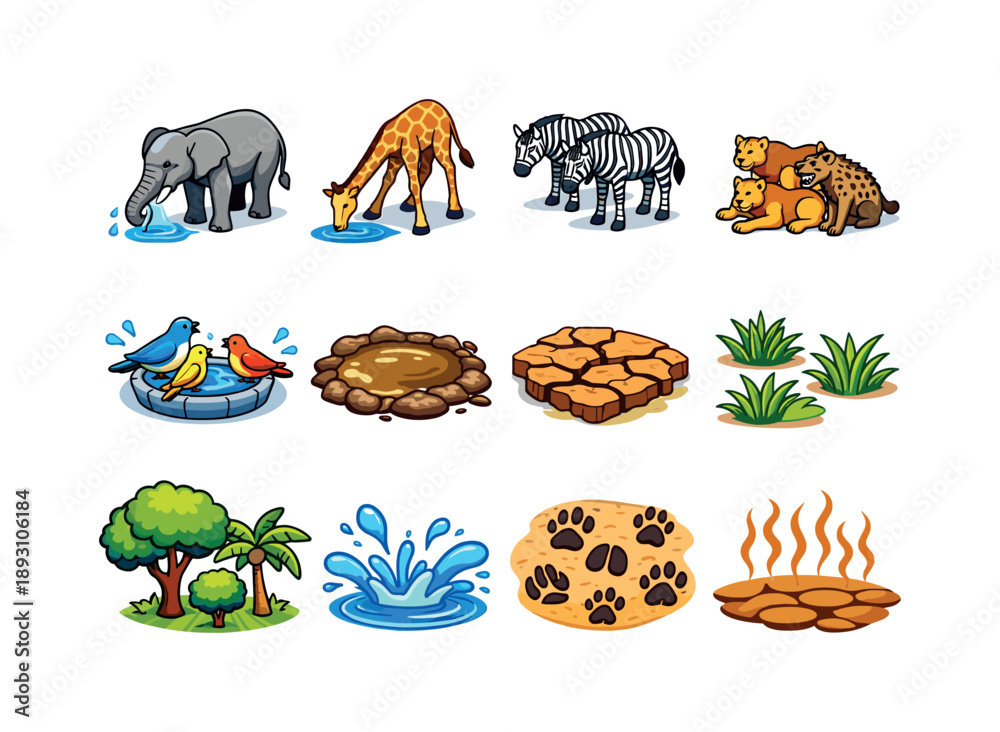 Naklejka premium Isometric Wildlife Icons. Nature survival. Colorful isometric vector icons set of nature survival: thirsty elephant, giraffe drinking, zebra herd, predators