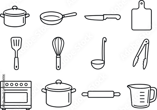 Image Generation. Line style vector icons of Home cooking: saucepan, frying pan, knife, cutting board; spatula, whisk, ladle,