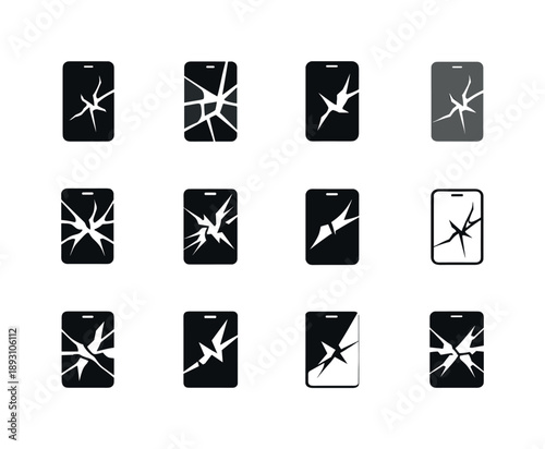 Cracked Phone Icon Set. Cracked Cell Phone. Icon set. Set Logo of cracked cell phone: broken glass cracks pattern. harmonious logo variations of the same