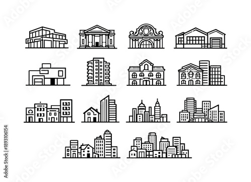 Urban Architecture Icons. Urban Architecture Styles. Line icon set of Urban Architecture Styles: modernist building, neoclassical facade, baroque architecture