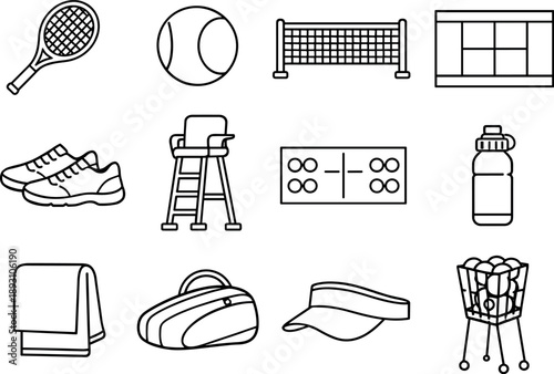 Image Generation. Line style vector icons of Tennis court: tennis racket, tennis ball, net, court; shoes, umpire chair, score
