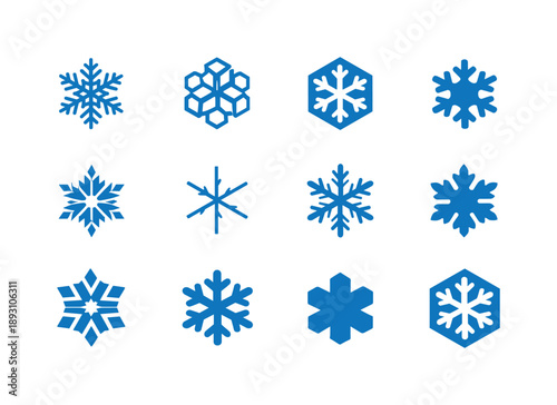 Snowflake Icon Set. Snowflake formation. Icon set. Set Logo of snowflake formation: frozen crystal geometry. harmonious logo variations of the same emblematic