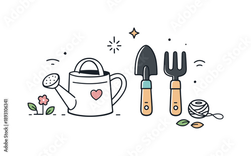 Minimalist Gardening Tools. Gardening tools. Modern minimal composition showing basic garden tools like a spade and watering can, expressing care and everyday