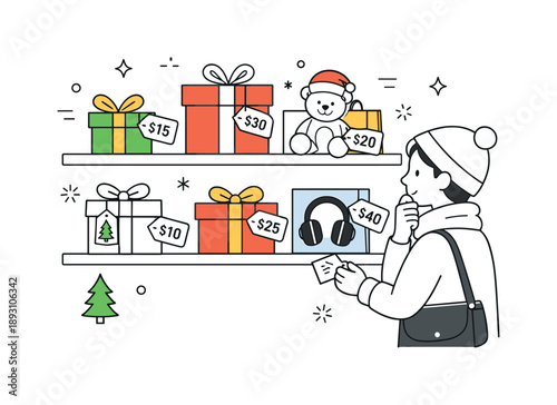 Christmas Gift Shopping Scene. Shopping for Christmas gifts browsing. Person looking at shelves with gifts and price tags, calmly comparing options. Careful