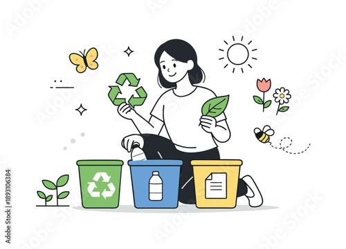 Eco-Friendly Spring Scene. Sustainable spring habits. A character sorting waste or holding eco icons like leaf and recycle symbol, with spring elements around.