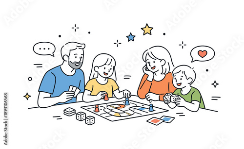 Family Game Night. Family game night at home. Parents and children sit around a table playing a board game, sharing smiles and relaxed conversation. Cozy