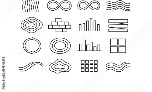 Line style vector icons of architecture in nature: rhythm stripe, loop bar, loop bar, rhythm stripe, resonance