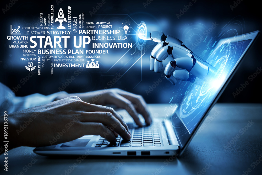 Obraz premium A robotic hand engages with a laptop screen showcasing essential concepts for start-up success, including innovation, strategy, and investment growth. Tessel