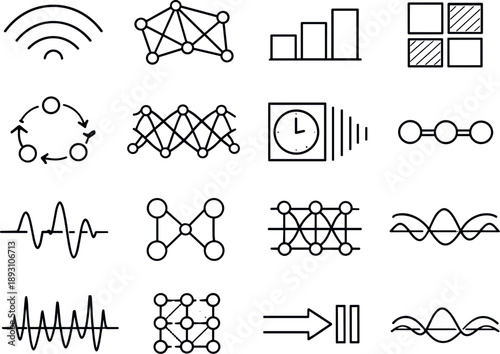  Line style vector icons of startup business launch funding and finance: propagation arc, sync mesh, transition