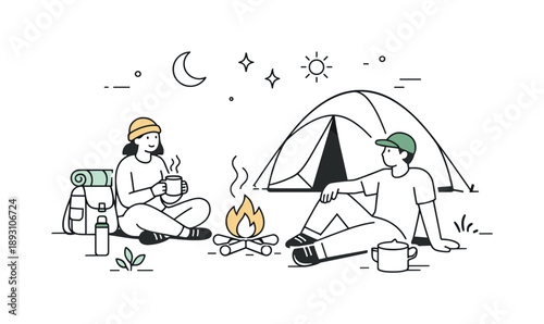 Serene Camping Escape. Outdoor camping moment. Campers resting by a tent with simple gear and a small fire. Peaceful atmosphere and slow living in a clean
