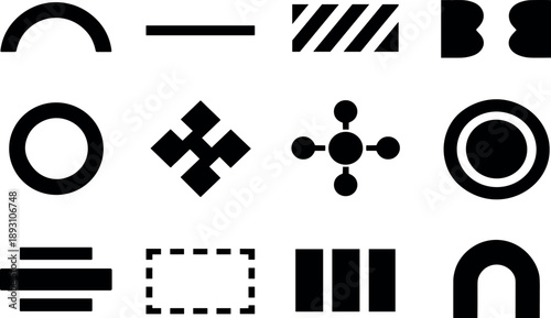 Image Generation. Solid vector icons of boundary symbolism: limit arc, threshold line, crossing cue stripe, dual-side contour,