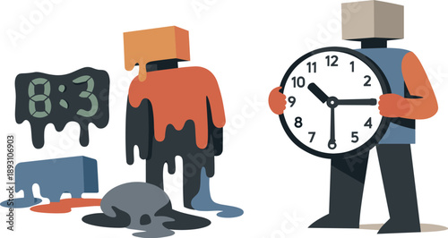 Second abstract geometric figure enters holding rigid intact clock while surrounding shapes continue melting showing early