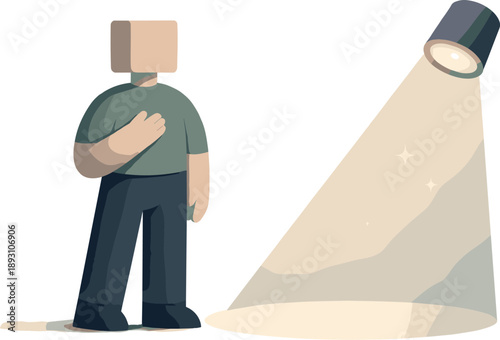 Calm abstract geometric figure stands beside single softened spotlight reframing online presence anxiety into