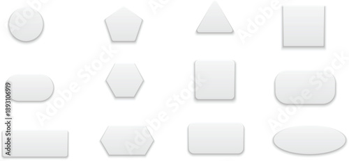 Collection of 12 white geometric shapes on a plain background