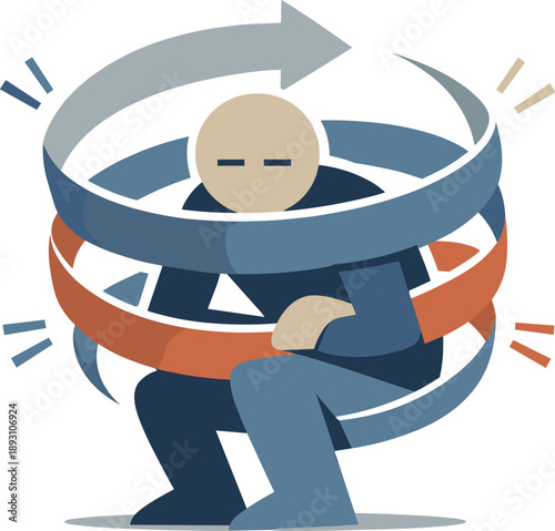 Geometric Feedback Loop. Single abstract geometric human figure becomes enclosed by tightening circular arrows conveying rising