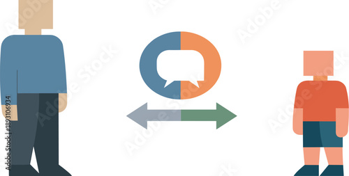 Calm abstract geometric human figure stands beside single shared symbol centered in wide empty space reframing digital