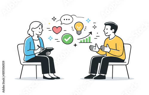 Empathetic Therapy Session. Mental health support therapy. A friendly one-on-one therapy scene with a counselor listening attentively while a client speaks,