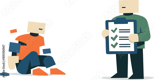 Image Generation. Second abstract geometric human figure appears nearby holding one consolidated task symbol as early attempt to