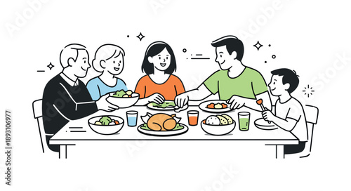 Minimalist Family Dinner. Family dinner. Family members sitting around a dining table sharing food and conversation, warm atmosphere and calm togetherness.