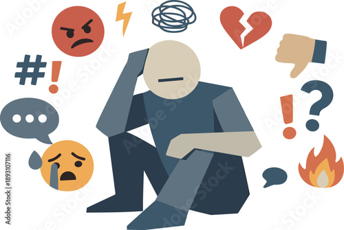 Abstract Geometric Tension. Single abstract geometric figure surrounded by fragmented emoji symbols suggests confusion and tension