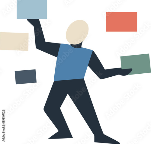 Abstract geometric human figure attempts to handle multiple floating rectangles at once symbolizing online