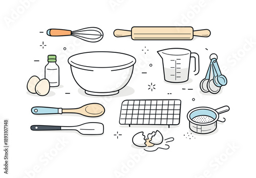 Minimalist Baking Tools. Minimal kitchen tools. A tidy editorial still life of baking tools arranged in a clean and modern way. The atmosphere feels neutral,