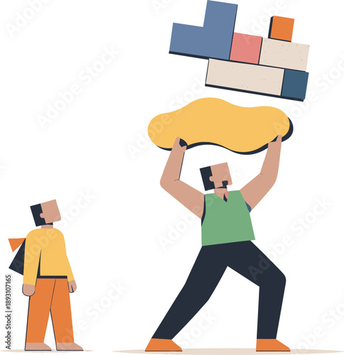 Second abstract geometric figure appears holding single irregular shape while structured blocks remain overhead