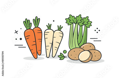 Winter Root Soup. Winter soup root vegetables. Carrots, parsnips, celery, and potatoes displayed simply, earthy and comforting feeling. Calm seasonal food