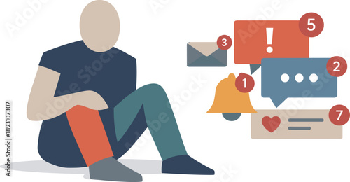 Abstract geometric human figure surrounded by intrusive notification blocks interrupting daily motion suggesting digital routines