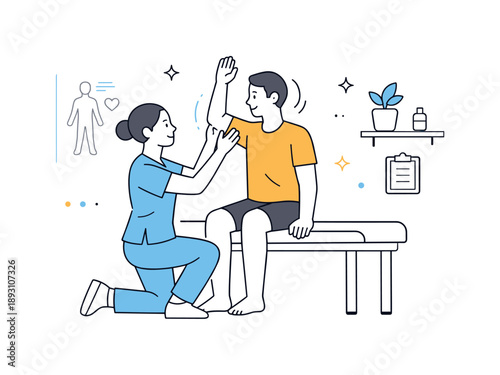 Physical Health Evaluation. Physical health assessment. A clinician checks a patient?s range of motion in a calm examination room. Careful evaluation, safety,