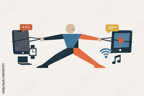 Single abstract geometric human figure pulled by competing device blocks revealing tension, interruption, and loss of agency in