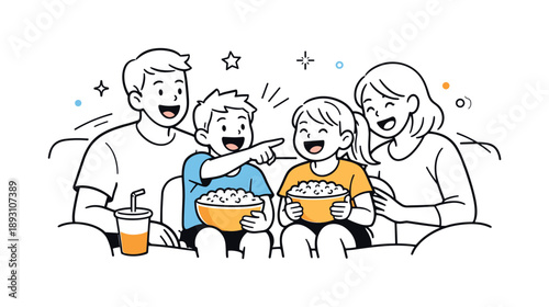 Joyful Family Movie Night. Family movie night playful moment. Children laughing, pointing at the screen, or holding popcorn bowls while parents