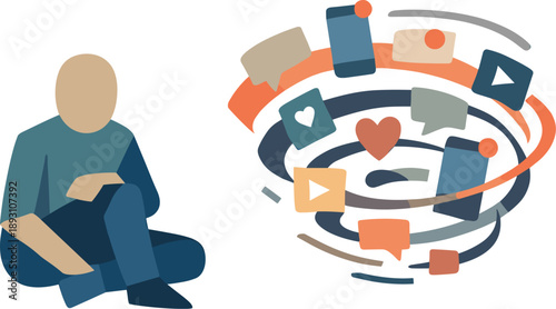 Abstract geometric human figure surrounded by looping distraction blocks suggesting digital distraction spiral