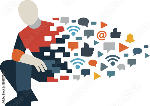 Image Generation. Abstract geometric human figure partially dissolves into repeating signal shapes becoming indistinct pattern