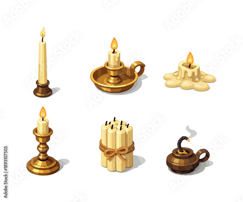 Vintage Candle Icons. Vintage candles. Isometric flat vector icons set of Vintage candles: tall taper candle, brass candle holder, melted wax pool, antique