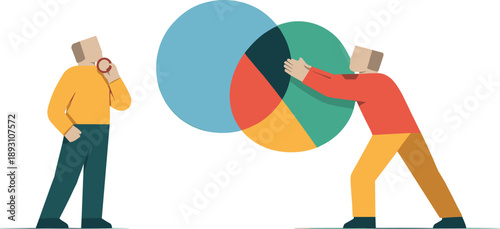 Image Generation. Second abstract geometric human figure appears connecting two overlapping shapes while first observes, showing