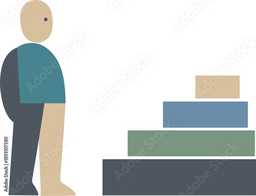 Abstract Geometric Harmony. Calm abstract geometric human figure stands beside few fully aligned structural blocks in wide white