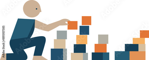 Single abstract geometric human figure arranges multiple structural blocks into coherent sequence revealing emerging patterns and