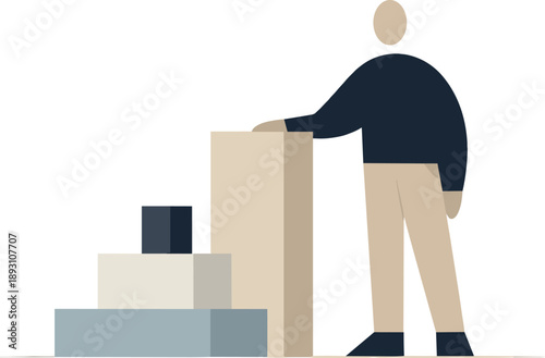 Calm abstract geometric human figure stands beside few fully refined minimal blocks in wide white space