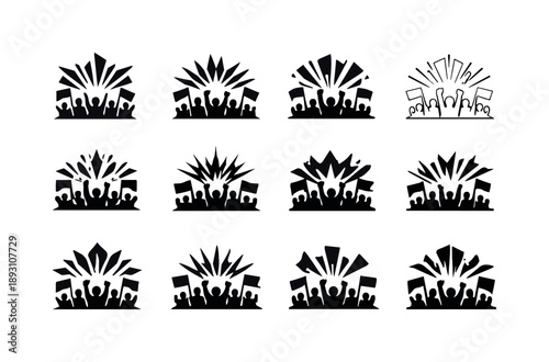 Protest Logos Icon Set. Streets filled with protesters. Icon set. Set Logo of Streets filled with protesters: symbolic protest energy burst. harmonious logo