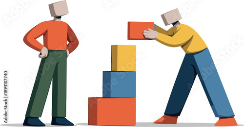 Image Generation. Second abstract geometric human figure appears positioning one block within the aligned structure while first