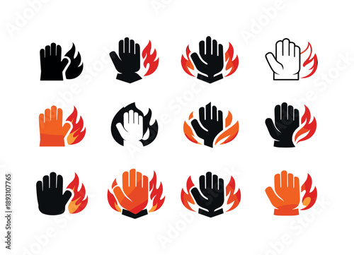 Heat-Resistant Logos Collection. Heat-resistant materials. Icon set. Set Logo of Heat-resistant materials: protective glove resisting fire. harmonious logo