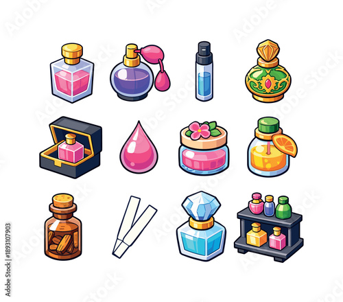 Colorful Perfume Icons. Perfume bottle. Colorful isometric vector icons set of perfume bottle: classic glass bottle, atomizer spray, fragrance vial, ornate