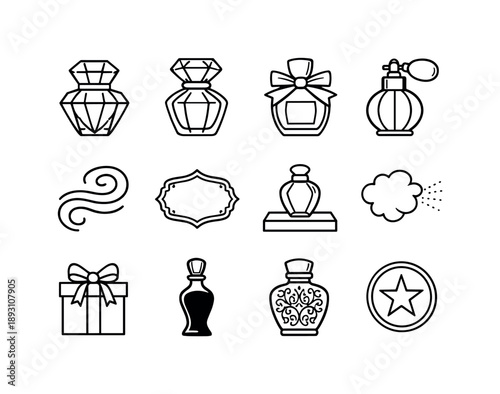 Luxury Perfume Icons. Luxury perfumes. Line icon set of Luxury perfumes: faceted glass bottle, jewel cap, ribbon collar, ornate sprayer, signature scent swirl,