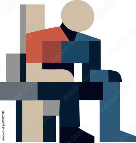 Abstract geometric human figure partially integrates with aligned blocks becoming simplified structured form suggesting