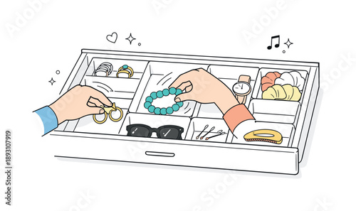 Organized Accessory Storage. Using drawer organizers. Hands placing accessories into clean modular dividers, smooth sorting process and visual clarity, gentle
